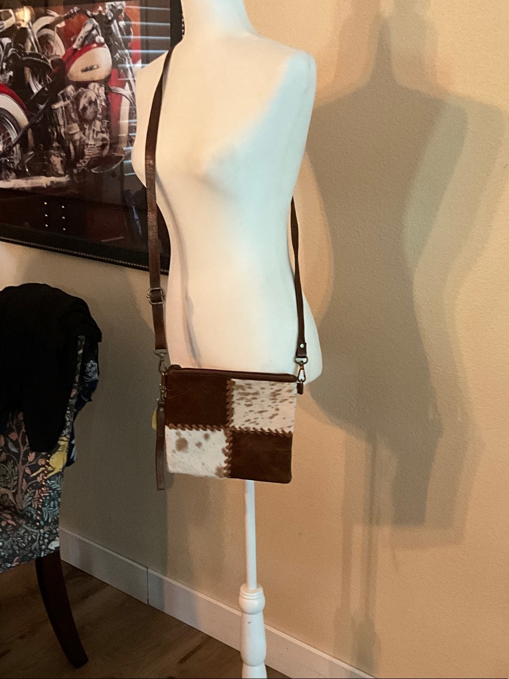 Leather & Haircalf Patchwork Crossbody Bag in Brown and White